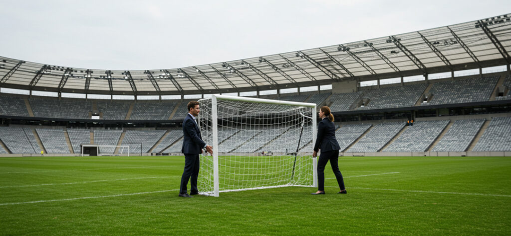Two people setting up goals on a football pitch to depicted Aligning with Corporate Responsibility Goals - Full Width Image
