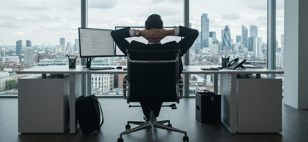 Man at his computer appreciating Benefits of Corporate Travel Management Software - Full Width Image