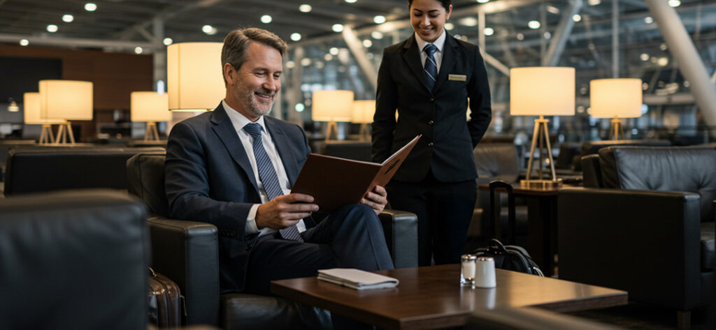 man in business lounge at airport looking at menu to depict Choosing the Right Corporate Travel Management Software - Full Width Image