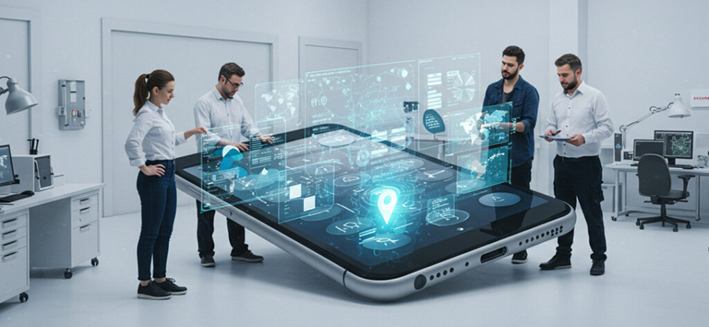 image of people around a large phone in a lab with lots of different tech apps on it to depict Future of Corporate Travel Management Software - Full Width Image