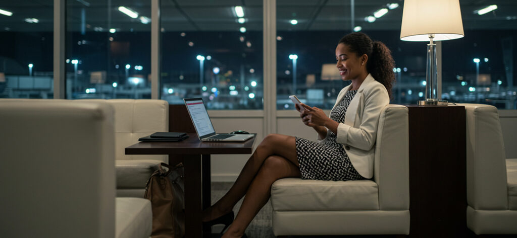 woman in airport lounge late at night - Improving the Traveller Experience - Full Width Image