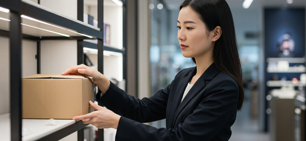 business woman taking package off the shelf to depict Off-the-Shelf Travel Solutions_ An Overview - Full Width Image