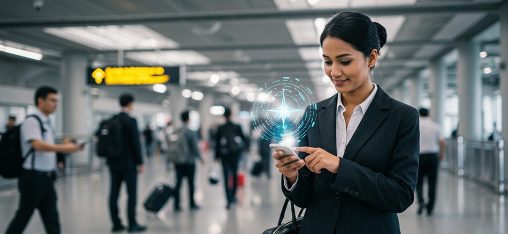 image of business woman on her phone at airport depicting Role of Technology in Modern Travel Management - Full Width Image