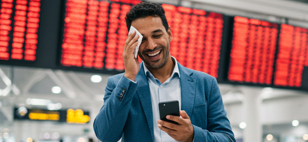 Business traveller looking relieved in an airport - What Crisis Response Really Looks Like - Full Width Image